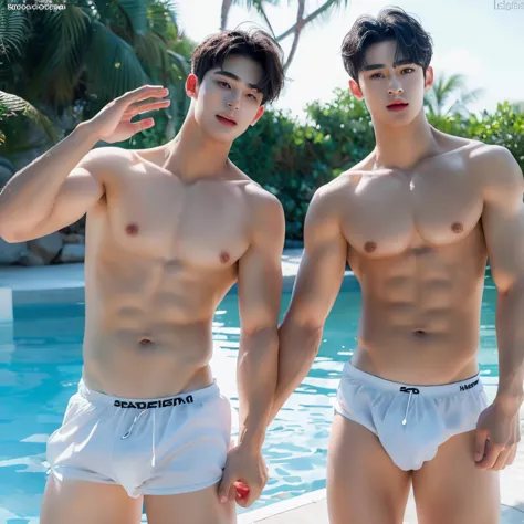 Two Spanish boys swimming in a white fishnet short swimsuit，men,, No clothes ,Erection）,Bare torso, With drops of water, lagoon， Sexy Lift, , hot, slim body, , one black hair, , other blond hair,  HD, Very sexy