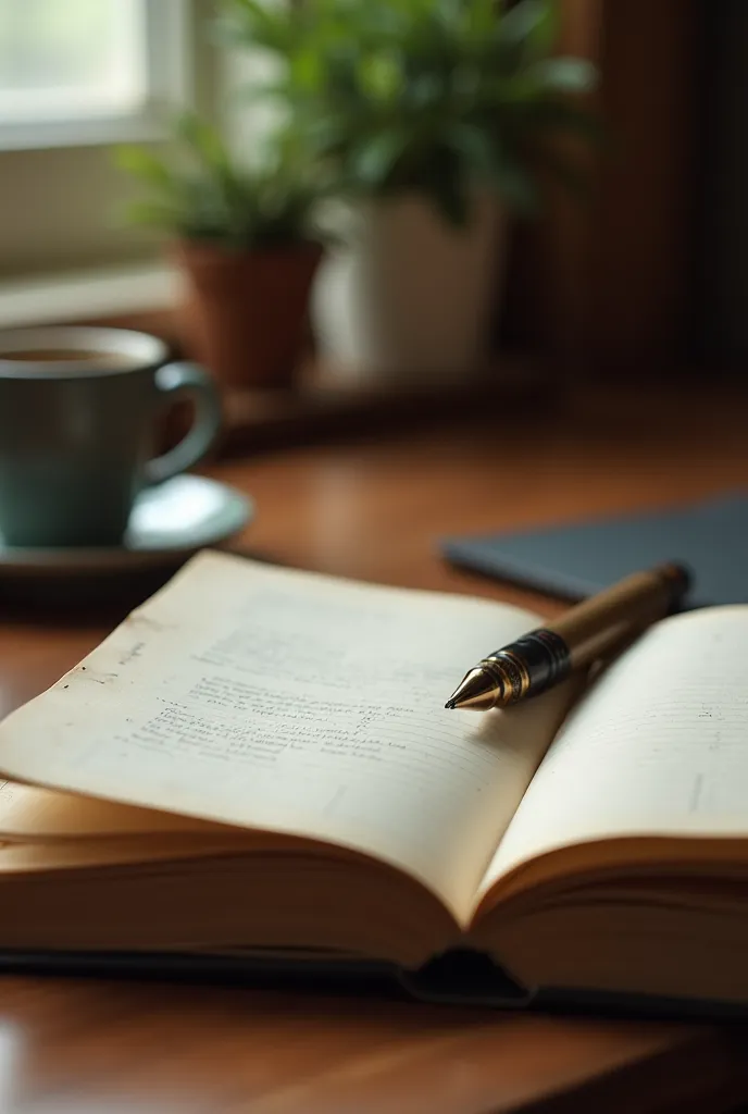 Close up on a table with a notebook and a pen.