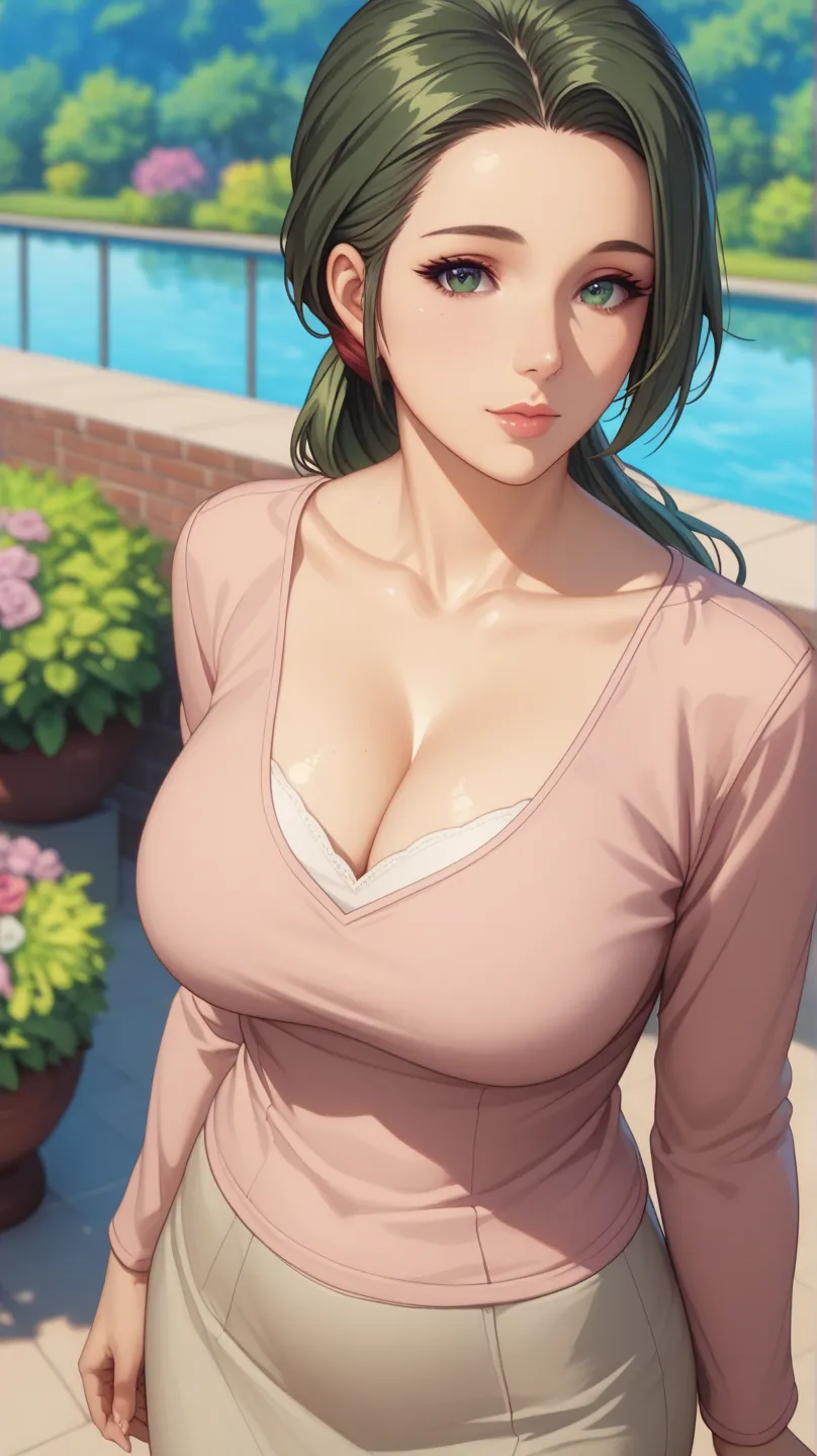 (masterpiece, best_quality:1.2), 1girl, solo, mature female, dark-green hair, low ponytail, (casual clothes, long sleeves, closed clothes, skirt), beautiful eyes, female focus, looking at viewer, large breast, cleavage, wide hips, ((above view)) ((close up...