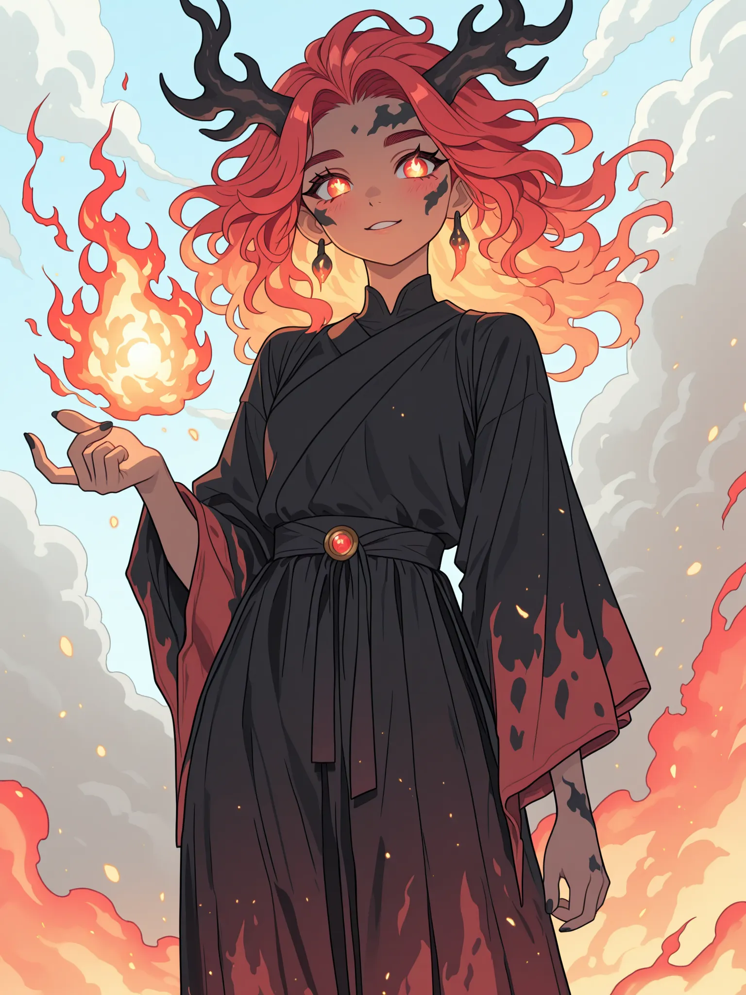 Create an image of a kawaii lava girl monster, named Magmalina - Fuego y Humo. She has a playful yet mysterious appearance, with long, flowing hair that transitions from bright red at the roots to smoky grey at the tips, resembling smoke and fire blending ...