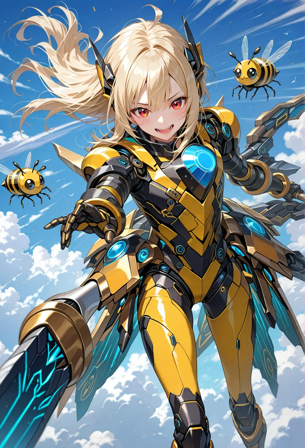 view from above,Beautiful girl cosplaying as a bee,(loli:0.3),blonde long hair,laughing,thin,holding a large, weaponized, honey-colored, spear or wing-like structure. The woman's attire consists of a form-fitting, bright yellow bodysuit with black accents,...