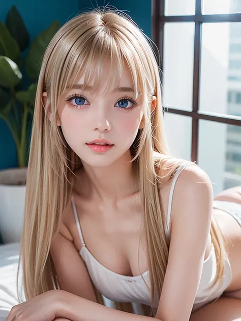 Portrait、very white high school girl、Young, white, shiny skin 、Best Looks、Blonde Reflected Light 、 Platinum Blonde Hair with Dazzling Highlights 、 shiny bright hair 、 super long straight hair 、Shiny, beautiful bangs、Shining crystal clear, attractive big, b...