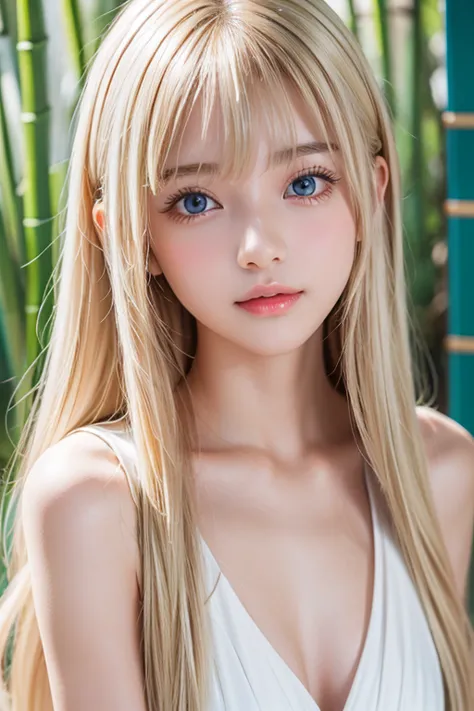 portrait on bamboo shoots、very white high school girl、Young, white, shiny skin 、Best Looks、Blonde Reflected Light 、 Platinum Blonde Hair with Dazzling Highlights 、 shiny bright hair 、 super long straight hair 、Shiny, beautiful bangs、Shining crystal clear, ...