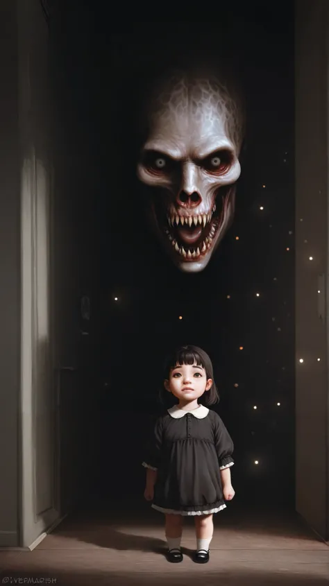 toddler girl, lovecraftian horror, full body, best quality, 4k, 8k, high resolution, masterpiece, ultra-detailed, realistic, photorealistic, photo-realistic, HDR, UHD, studio lighting, ultra-fine painting, sharp focus, physically-based rendering, extreme d...