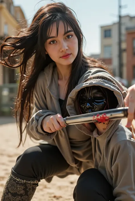Realistic, A Very beautiful woman, cut throat a boy, boy full face mask close, neck bloody splash, neck slashed, throat contents, boy dead, woman knife, woman very thick hair, woman rich beauty, boy hoodie, woman kill boy