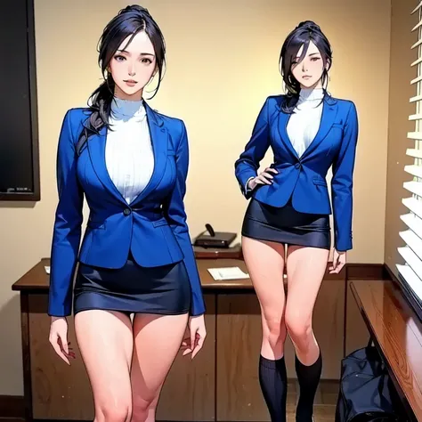 1 , beautiful long dark hair,  ponytails, Blue Blazer Uniform, gravata, tight skirt, knee-high socks, standing in anatomy club room, looking at the viewer,  sweet expression, human anatomy drawings on chalkboard, (thighs,4K,8k,highres,masterpiece:1.2),ultr...