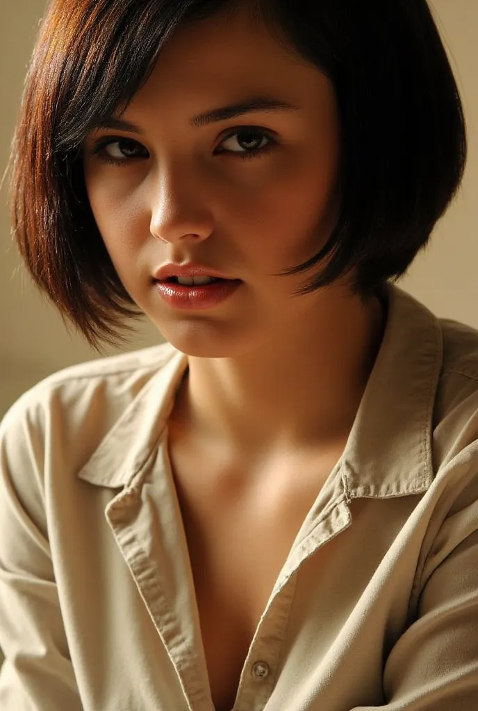 35mm picture of a young woman (wearing a shirt:1.5), professional, atmospheric haze, excellent dynamic range, masterpiece, excellent quality, ultra detailed, subtle lighting, soft focus, detailed shadows