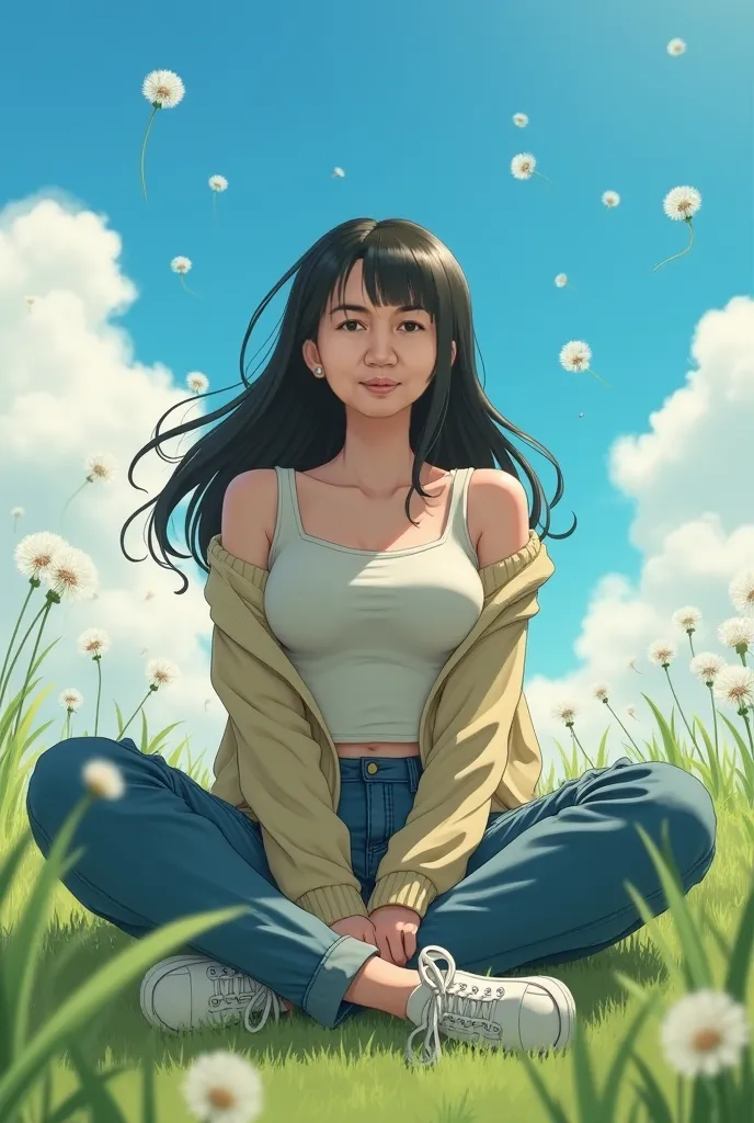 Realistic painting, anime, Studio Ghibli Style, Realistic photo, High detail photography showing an asian woman with long rebonding hair, fluffy body type, wearing a tight-shirt and knit cardigan, cargo jeans and sneakers, sitting on the ground with her le...