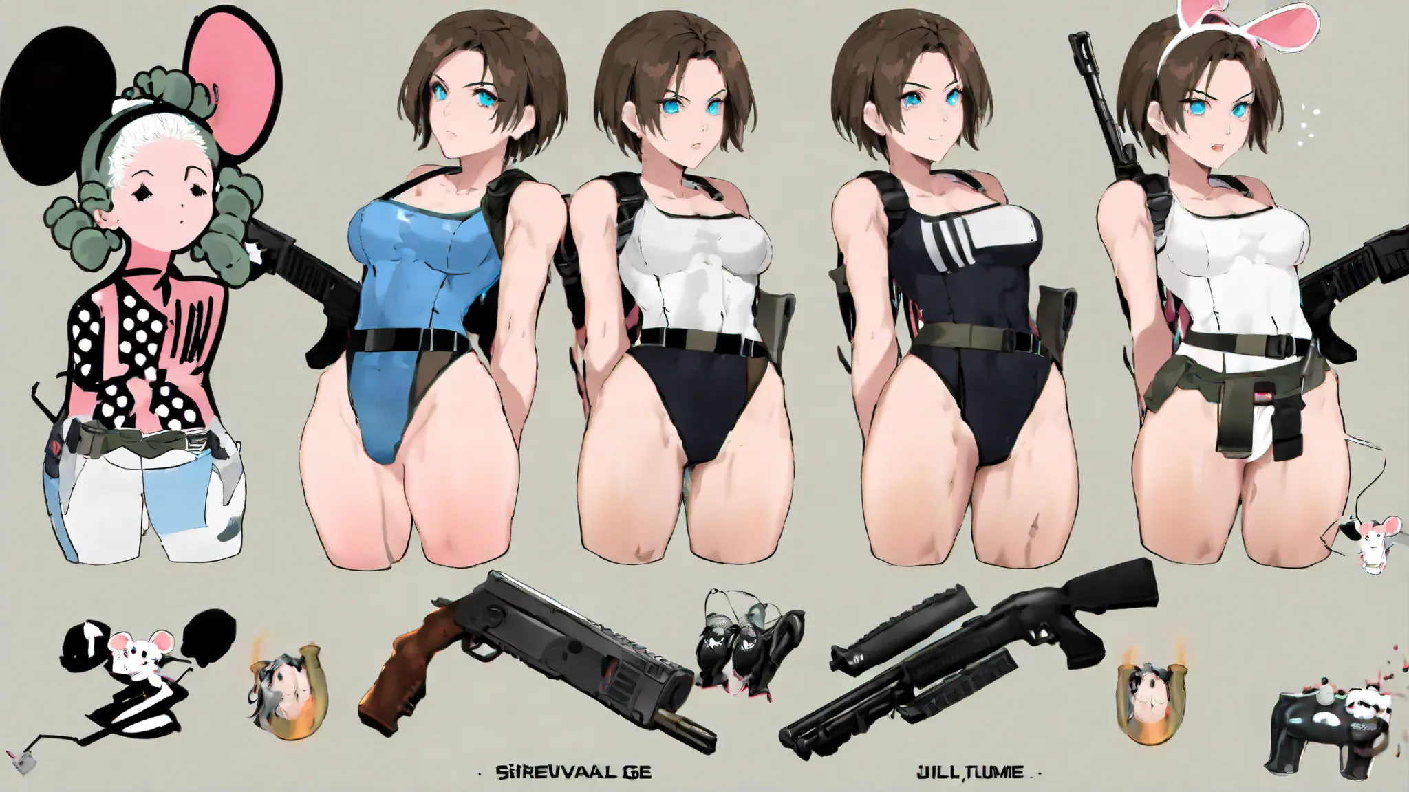 Jill Valentine of Resident Evil fame (age 20, Mini Mouse coutume, Skin tight black leotard, white and pink polkadot small tank top, white cartoonish heels, head exposed, large mouse ear hairband, Shotgun on back, survival knife on belt) , character study, ...