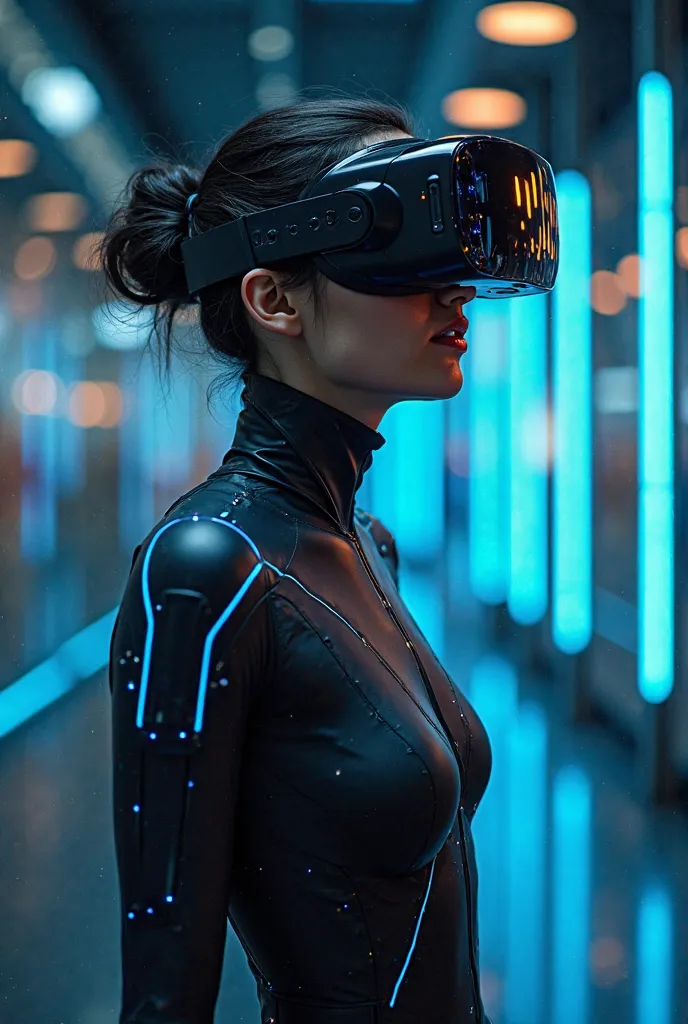 A futuristic virtual reality suit, designed to adapt perfectly to the body like normal clothing. It is light, flexible and made of an advanced material that fits like a second skin. The costume is dark in color with subtle neon lines running across its sur...