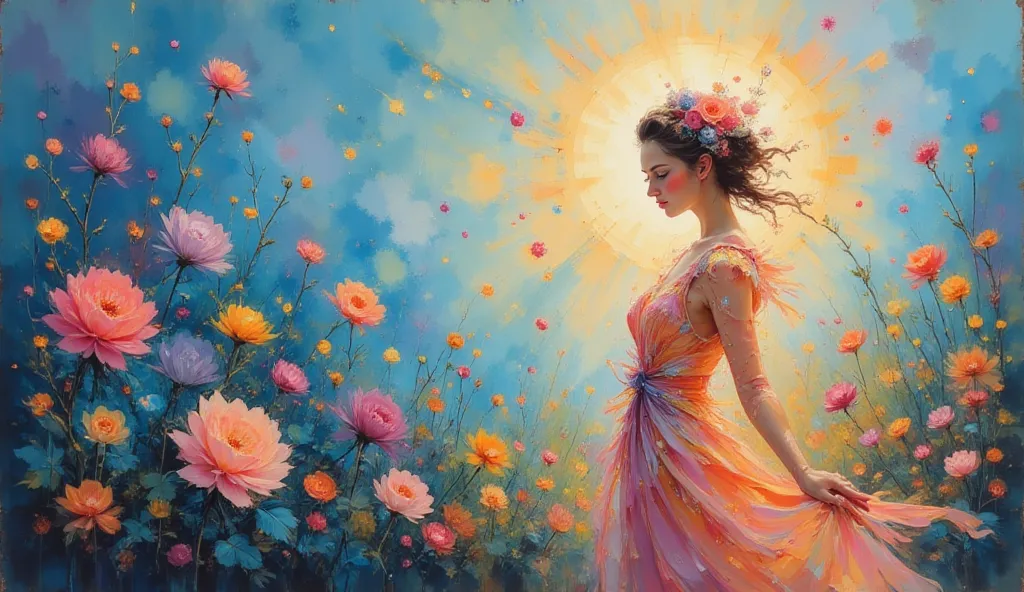 An illustration of an ethereal female figure surrounded by delicate glowing flowers, with a dreamy abstract background blending soft blues and lilacs, creating a magical atmosphere. The light from a golden glow illuminates her flowing dress, casting a radi...