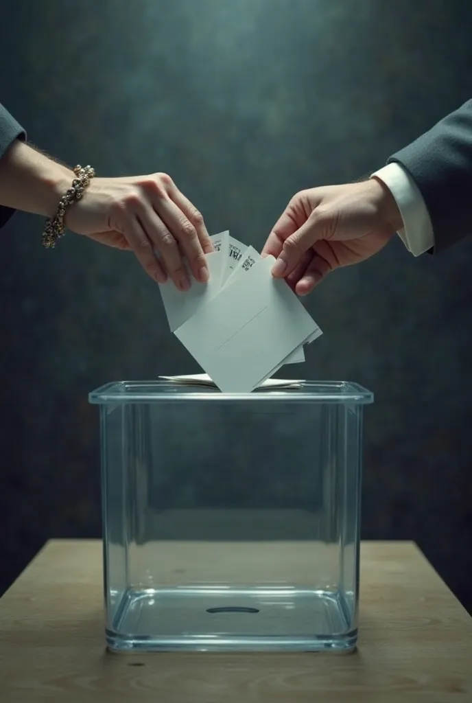 An election fund in close-up view with two male and female hands throwing inside the ballot box with the caption No