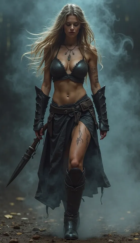 A powerful female warrior in dark, battle-worn armor strides forward, her exposed legs and arms marked with runic symbols. Her body glows with a faint, ethereal light, and her face is fierce yet alluring. Her long, wild hair moves with the wind, and she ca...