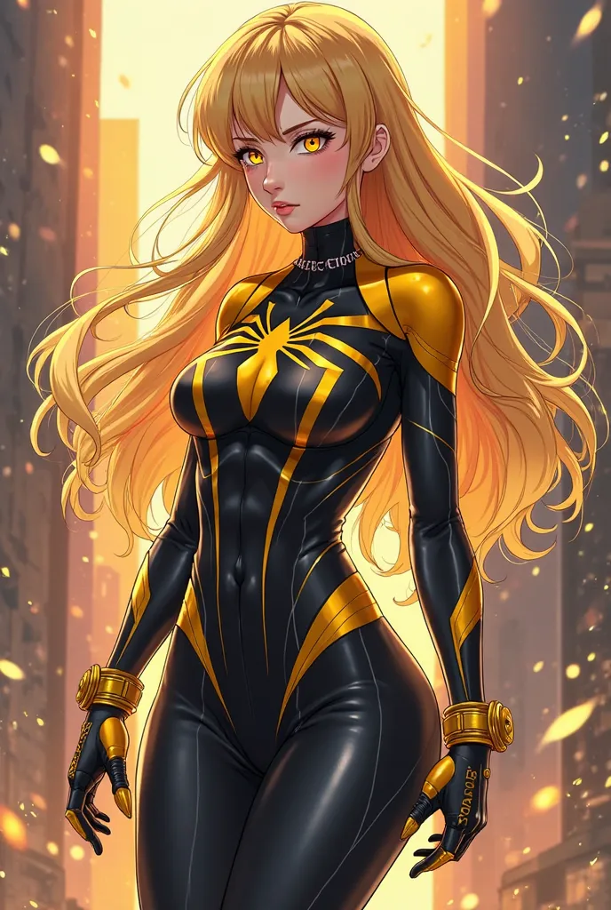 (artwork, maximum quality, pajamas,  official art , beautiful and aesthetic:1.2) Anime Female Spiderman,  long yellow hair, golden eyes, black and yellow clothes, black and yellow pants.
