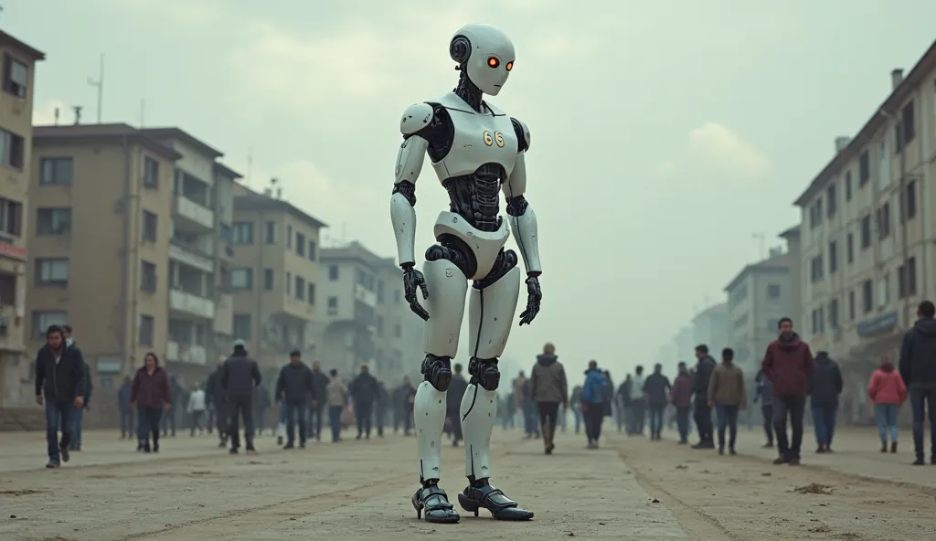 CREATE A REALISTIC IMAGE OF A HUMANOID ROBOT STANDING WITH THE NUMBER 666 ON ITS FOREHEAD, AROUND YOU MUST CONTAIN SEVERAL PEOPLE ON THEIR KNEES, A CROWD IN AN EMPTY VALLEY WITH CONCRETE FLOORS AND SOME BUILDINGS BEHIND