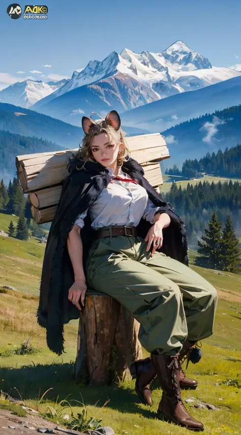 Possum woman, holding a colossal lumber axe over her shoulder, possum tail, possum ears, short messy hair, whiskers, muscular, smug, black boots, sitting on a stone, detailed valley scenery, brown fur top, brown boots, armored baggy pants, belts, abs, moun...