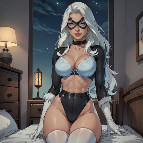 Black Cat, ((long white hair, glowing blue eyes, makeup, narrow waist, skinny, medium breasts)), pelvic curtain, ((black panties, balck bra, domino mask, white gloves,collar)), full body, perfect body, (insanely detailed, beautiful detailed face, masterpie...