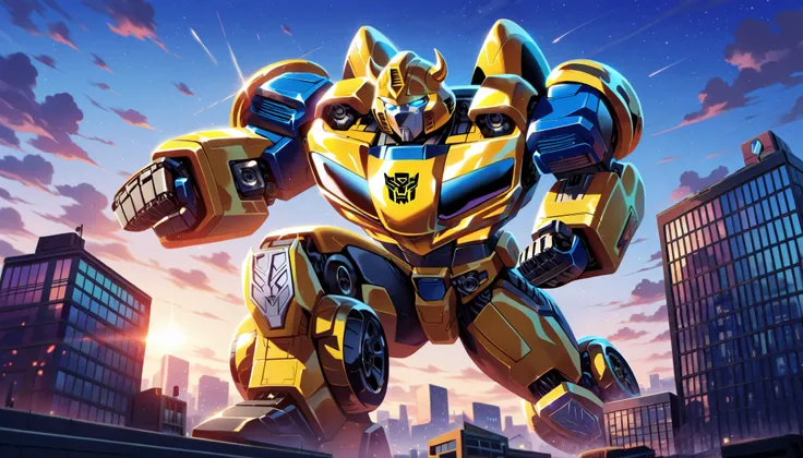 muscular Bumblebee from Transformers, macro in a miniscule city