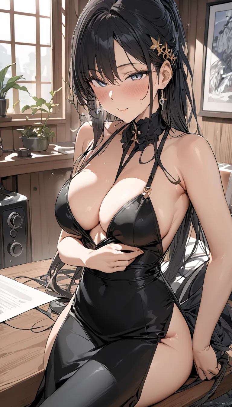 Not fit for work,1 scene ,CNC,high quality,ultra high resolution,High definition illustrations,masterpiece,extremely detailed,medium breasts,  beautyfull curvy  ,luna bajo el ojo, soft smile, ) cabello naranja, black dress,  high neck , Home 