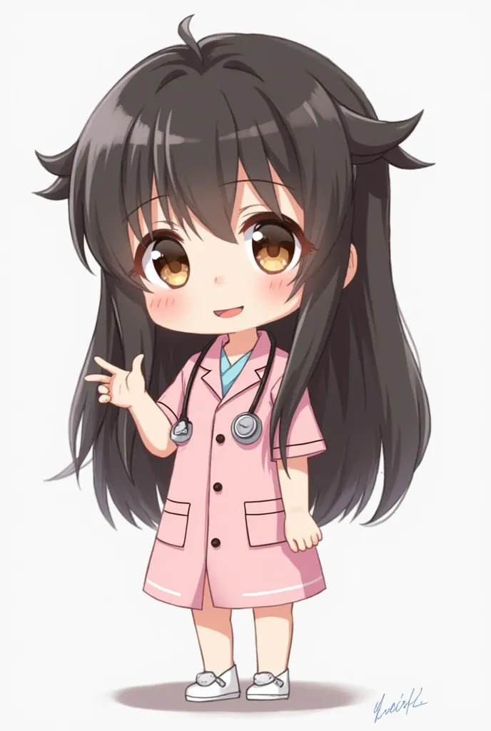  large round head , with typical proportions of a chibi.

long hair, smooth and dark (black or dark brown), represented by soft, well-defined tufts that fall on the sides. Some locks are slightly disheveled

Big Eyes,  shiny and expressive , warm brown or ...