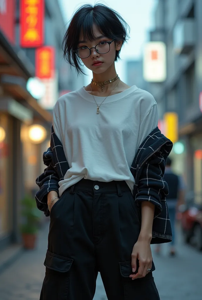 a 28-year-old Japanese woman with tomboy style and nerdy appearance. She has caramel skin and wears glasses with a thin, rectangular frame. Her hair is a men's cut Pixie peaked short back and bangs. sneakers. She wears an oversized t-shirt and a black flan...