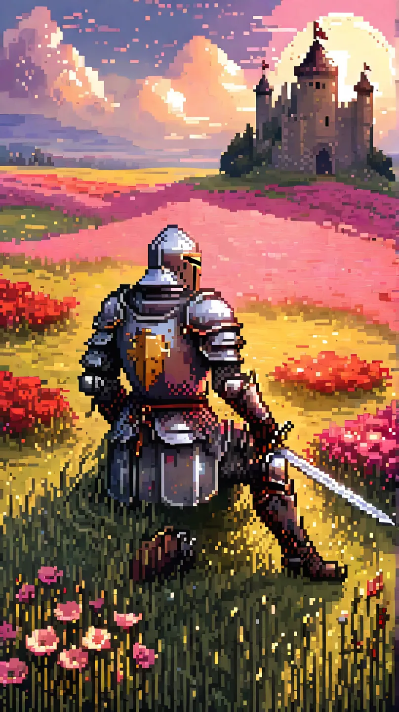 A medieval knight in full armor, in detailed pixel art style , is lying in a flower field at sunset. He has a wound on his chest, with blood flowing through his armor. His sword lies next to it in the grass, indicating a recent battle . He holds a small wh...