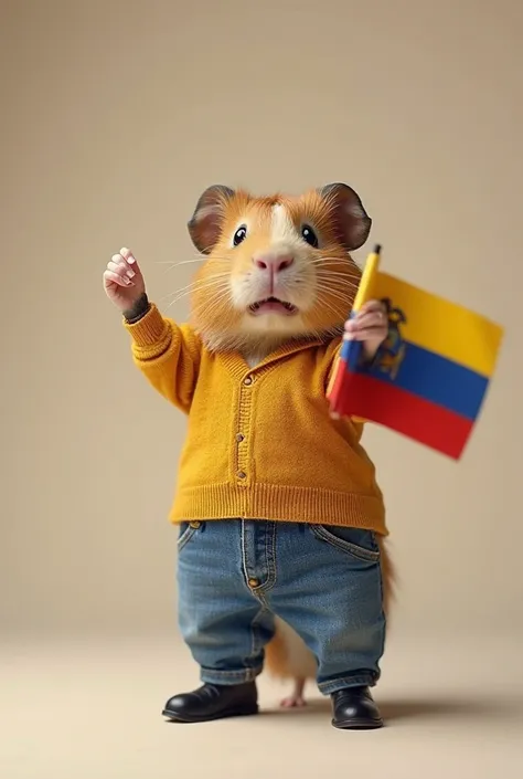 Create a video for me of a guinea pig pretending to be dancing, with a mustard colored sweater, a blue jean and black shoes and in his hand an Ecuadorian flag 