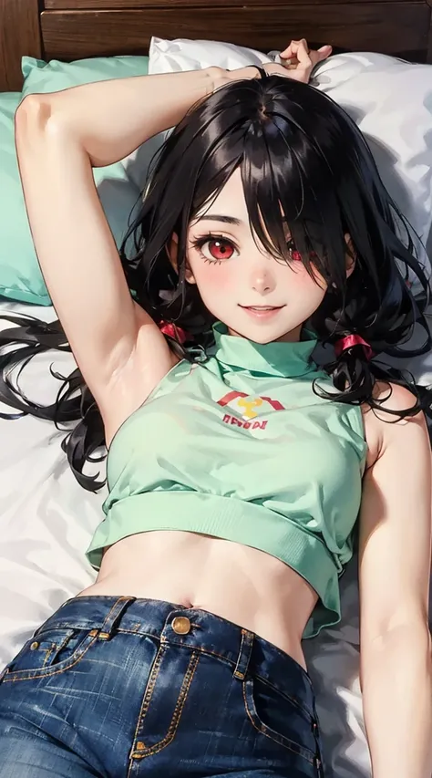 1girl, kurumi tokisaki, date a live, ripped jeans, white sleeveless crop top, long knee-high socks, brightly lit room, lying on bed, smiling, blushing, high definition, anime style, long hair, black hair, hair over one eye, eye covered with hair, low twint...