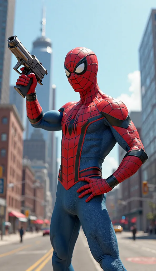 A highly detailed 3D-style scene of Spider-Man standing with a toy gun in his hand, mocking Superman. The scene takes place during the day.