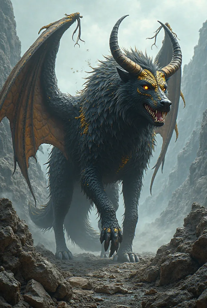 a wolf, with dragon wings, Scorpion-tailed bull horns with black fur and golden scales