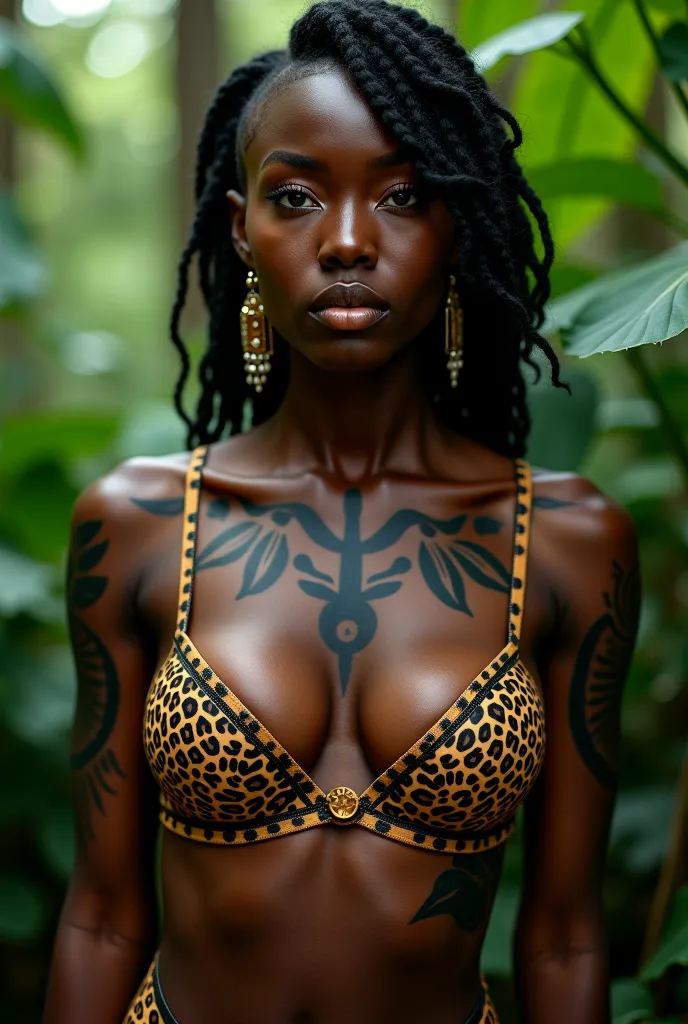 ghanaian woman,leopard bra,tattoo,detailed portrait,realistic facial features,serious expression,standing pose,detailed clothing,intricate body art,lush jungle backdrop,natural lighting,hyper-realistic,cinematic,masterpiece,8k,ultra-detailed,professional p...