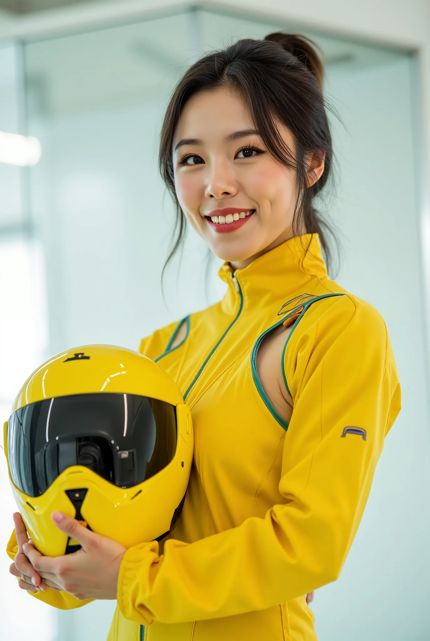 Photo of a 25-year-old Korean woman wearing a yellow futuristic hero suit. she is carrying the helmet in her arms. The woman was a former idol。Standing with a smile and looking at the camera。