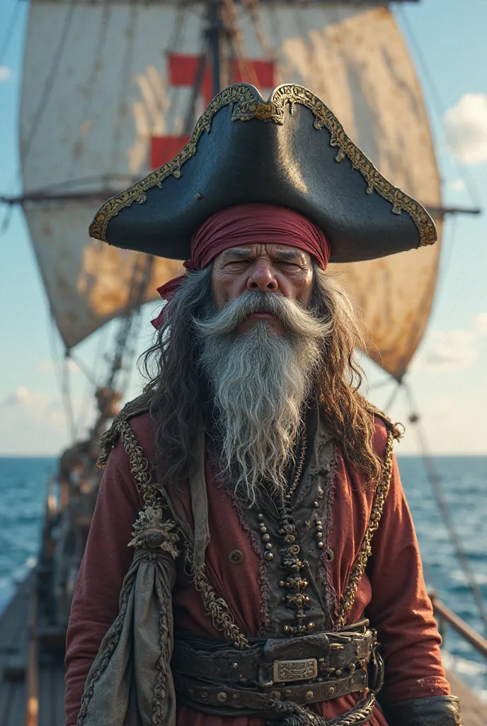 Create a pirate character sailing on a large medieval ship, he must be in front of the ship, will be a pirate with two blindfolded eyes, Will you wear a large hat with the pirate emblem, will look like 33 years,  small and perky nose , and small chin, Barb...