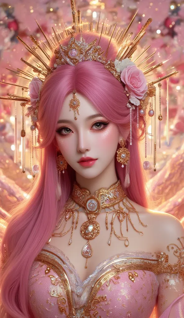 portrait on bamboo shoots, close-up shot,  young woman, Long Pink Gold Hair, Soft Gentle Smile, Wearing a glowing pink goddess dress, Decorated with a Pink Tiara, Divine presence like a fairy, Pink temples with a sparkling background, Majestic and sacred a...