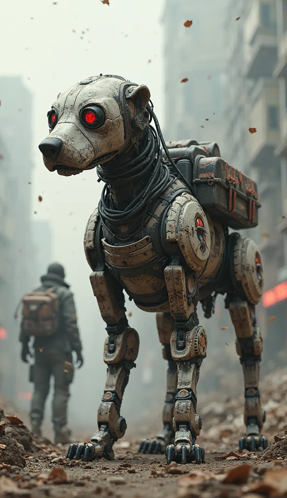 Show a battle-scarred robotic dog in a post-apocalyptic wasteland. Its metal frame is rusted and patched together with salvaged parts. One of its eyes is a cracked red sensor, while its back has compartments for storing supplies. Despite its rugged appeara...