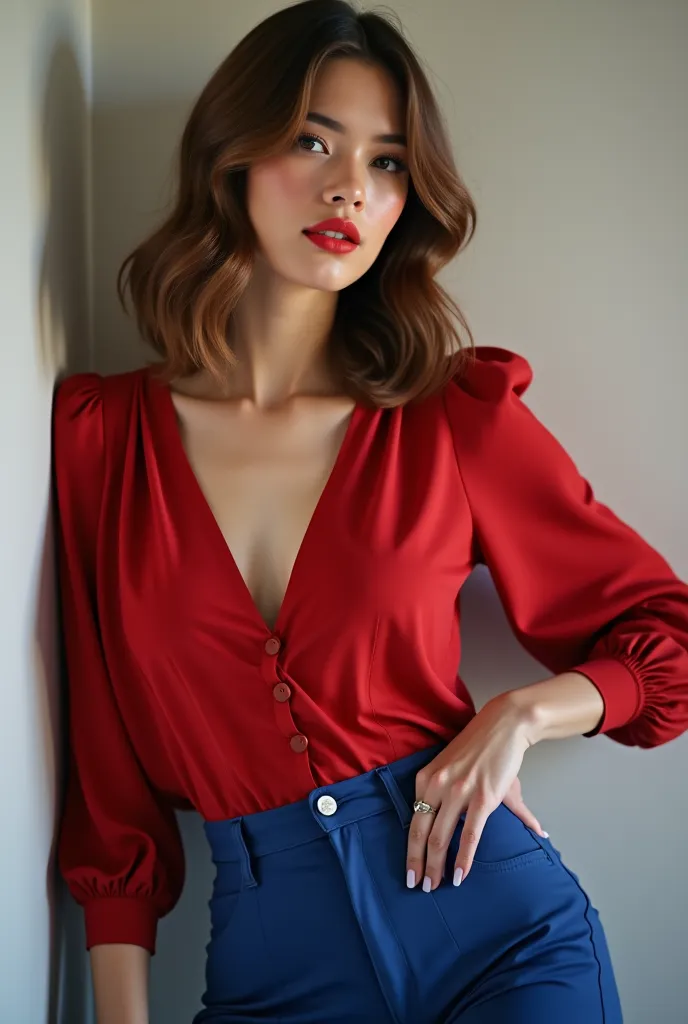 19-year-old girl wears light brown hair shoulder length red lips with low cut red blouse ,blue pants and comvers 