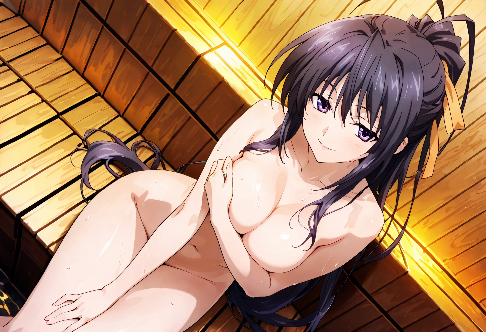 1 woman, akeno himejima, dutch angle, wide shot, dark hair, violet eyes, naked, covering her breasts with an arm, relaxing, thicc thighs, seductive pose, seductive smile, sauna, masterpiece, high quality, highly detailed