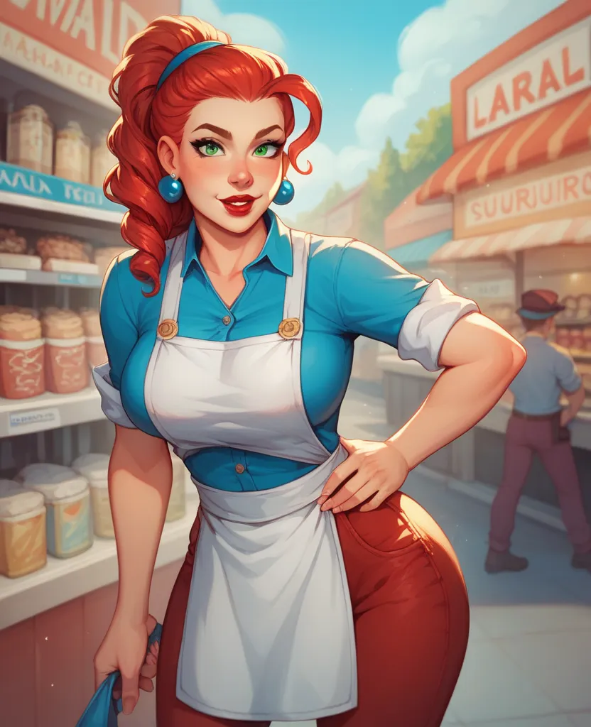 Beth is a friendly, curvy middle‐aged woman with red hair and green eyes. Her hair runs down to the shoulders as a tightened braid.

Her uniform is made of a lilac shirt whose sleeves are rolled up, burgundy‐colored pants, and a short white apron with her ...