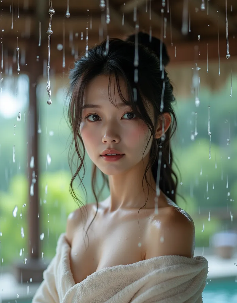 Massive raindrops dripping from the roof of the gazebo in the open-air bath、Focus on the beautiful drops of water dripping from the roof、sexy beautiful sisters wrapped in ultra-thin wet gauze towels、high quality、High Resolution、real、Impressionism、full body...