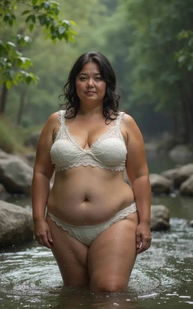 A 57 year old woman overweight indonesian .wearing bra.big large extremely boob.wearing white lacy underwear.shower in river rock