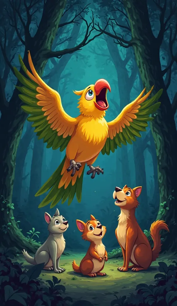 Prompt: A bright, alert parrot flapping its wings and shouting a warning as a group of animal friends stand below, looking up. The forest behind them is dark and mysterious, with shadows creeping in. The parrot's loud voice echoes through the trees, adding...