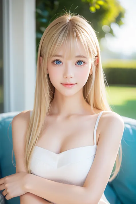 Portrait、very white high school girl、Young, white, shiny skin 、Best Looks、Blonde Reflected Light 、 Platinum Blonde Hair with Dazzling Highlights 、 shiny bright hair 、 super long straight hair 、Shiny, beautiful bangs、Shining crystal clear, attractive big, b...