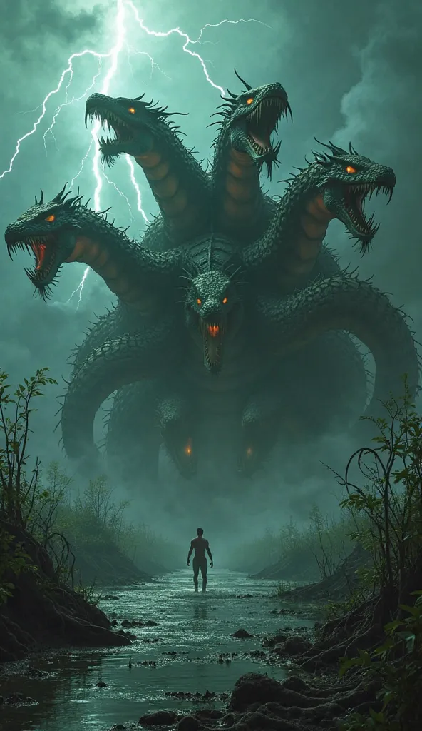 A colossal five-headed hydra emerges from a dark swamp, surrounded by dense fog and twisted vegetation. Its scales glow in shades of dark green and black,  reflecting an ominous light . Each of its heads has glowing and ominous eyes, sharp fangs dripping p...