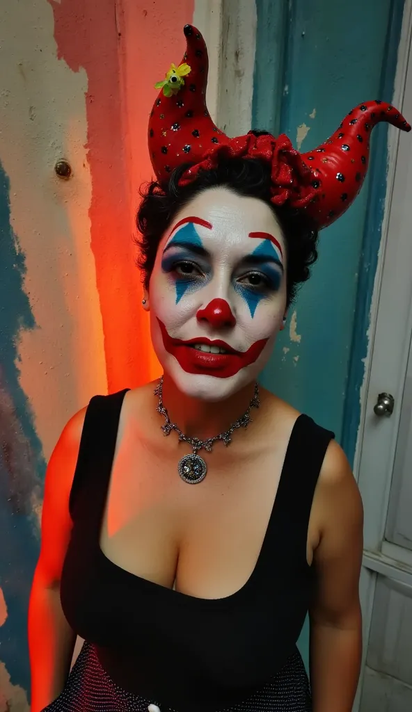 warm, pretty clown makeup , sexy clown ,  Woman,   brightly colored clothes and hair , lingerie,  Gothic, alternative style,  side show ,  twisted circus , court jester,  illuminated in the dark with a moody atmosphere , seductive 