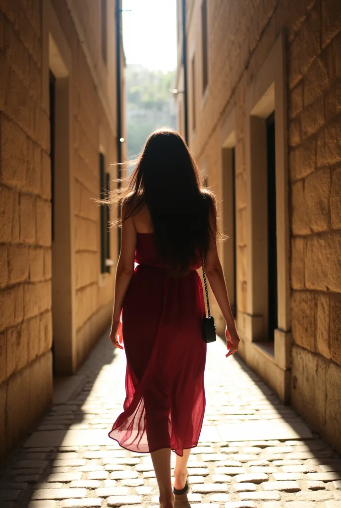 Professional photographic shot of a beautiful woman with long, flowing black hair, wearing a loose summer dress in a deep wine color, a small crossbody bag hanging at her side, walking down a narrow cobblestone street in an old historic district, surrounde...