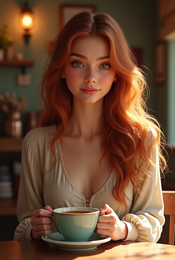 White woman,  round cheeks, with long copper hair, big round green eyes, She is a Latina with European roots, having a coffee in a European coffee shop