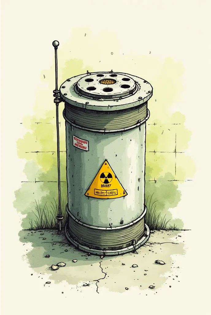 A finely detailed ink drawing of a Uranium-235 isotope stored in a secure containment unit, illustrated with technical pen strokes (stylized like a fine liner or technical drawing). The container is a reinforced lead and steel capsule, adorned with radiati...