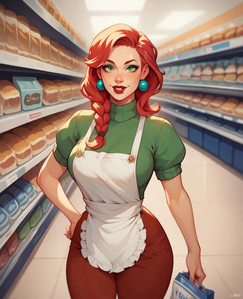 Beth is a friendly, curvy middle‐aged woman with red hair and green eyes. Her hair runs down to the shoulders as a tightened braid.

Her uniform is made of a lilac shirt whose sleeves are rolled up, burgundy‐colored pants, and a short white apron with her ...