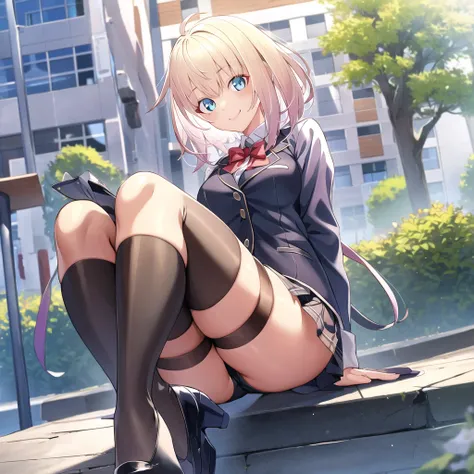 1 girl who died,Alone,Sophia shilling,school uniform,smile,sitting,outdoor,