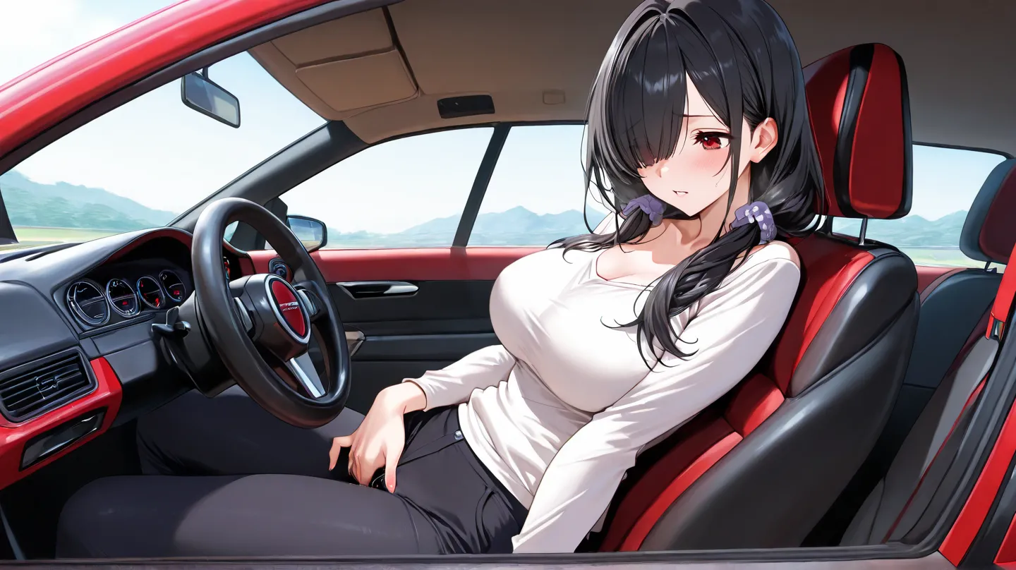 inside car, Score_9, score_8_up, score_7_up, score_6_up, source_anime, rating:general, 1girl, beautiful woman, beautiful body, mature, curvy, driving, random sexy pose, fingering, slut, 1 girl, kurumi tokisaki casual, long hair, black hair, red eyes, weari...